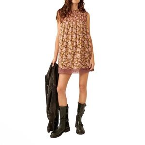 Free People Shea Printed Smocked-Yoke Lace-Hem Dress  Women’s Size Small